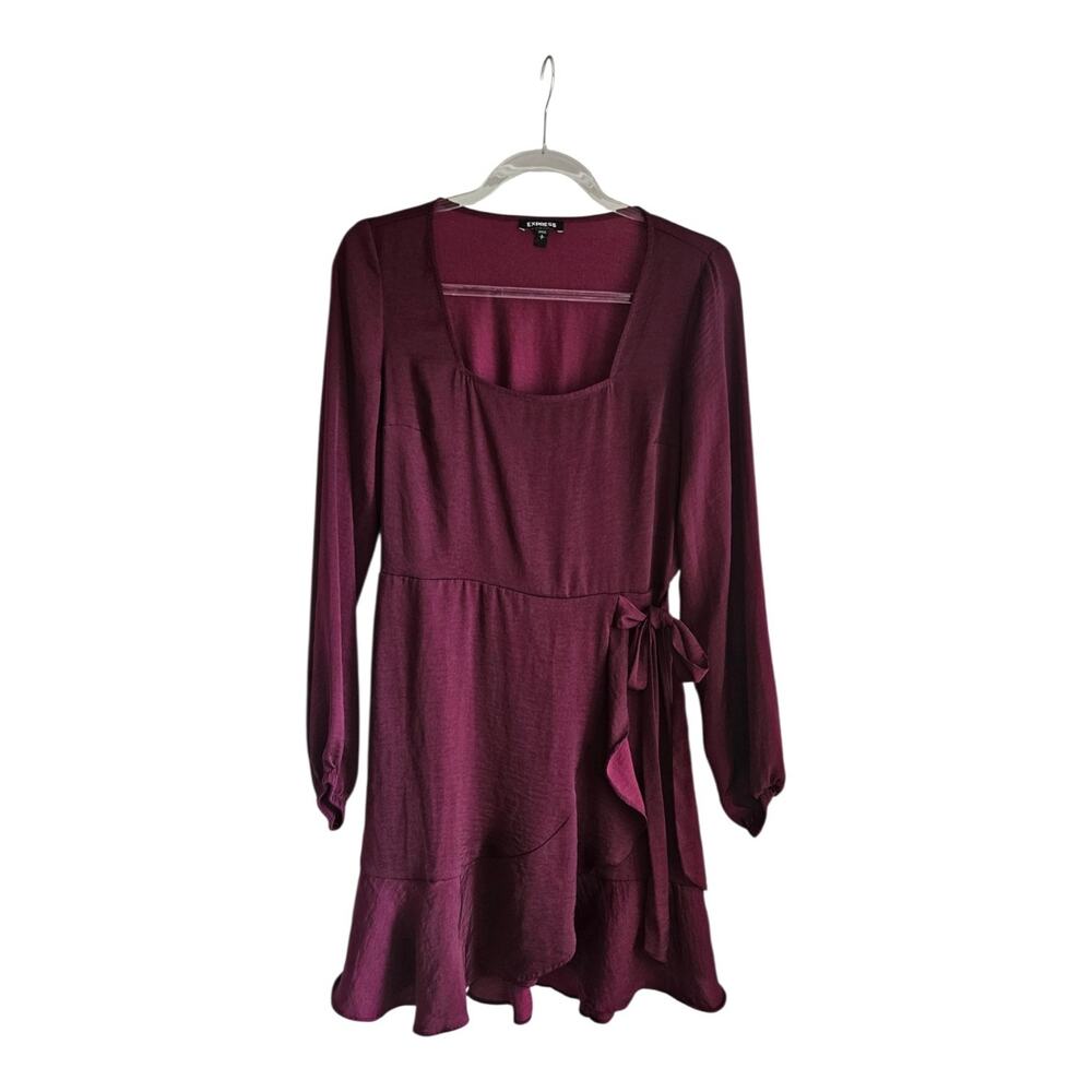 Express Dress Size S Burgundy L/S Square Neck Ruffle Tie-Waist Unlined